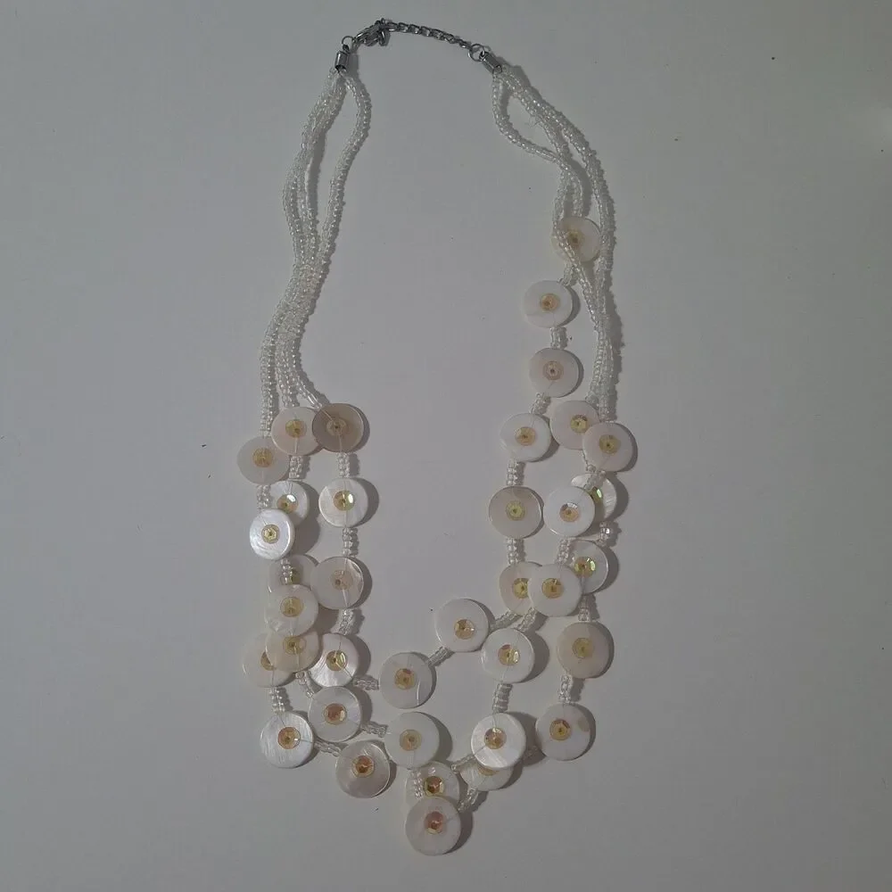 White Round Shell Sead Bead Iridescent Sequin Multi-Layered Layered Necklace